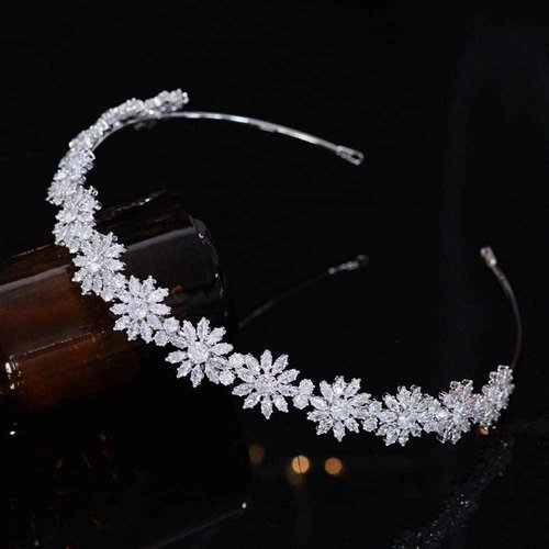 Aoligrace Cubic Zirconia Floral Wedding Bride Headband Zircon Prom Party Headpiece for Women CZ Bridal Tiara Hair Accessories