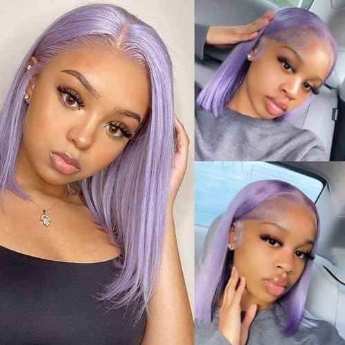 Lilac Lace Front Wigs Human Hair,13x4 Glueless HD Lace Bob Wigs Human Hair Pre Plucked Hairline with Bleached Knots Straight Brazilian Virgin Hair 10" 150% Density Purple Short Bob Wigs for Women