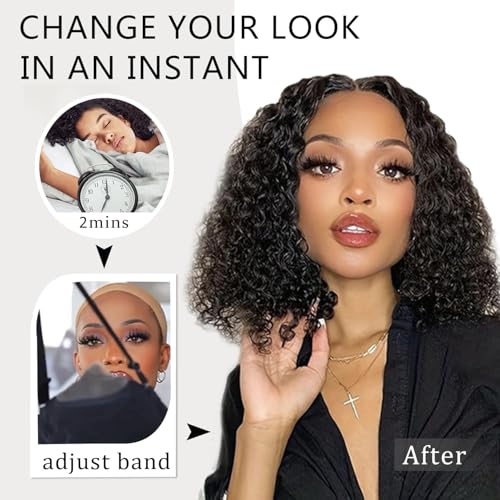 Wear and Go Glueless Wigs Human Hair Pre Plucked Pre Cut 6x4 Short Curly Bob Lace Front Wigs for Black Women Natural Hairline Water Wave Lace Front Wigs 200% Density 14 Inch