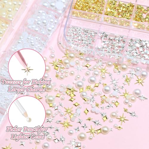 BELICEY 2 Boxes 3D Star Nail Charms Mix Gold Silver Star Cross Charms for Nails Beige White Flatback Pearls for Nails Metal Nail Studs Charms and Gems for DIY Nail Art Supplies Accessories Crafts