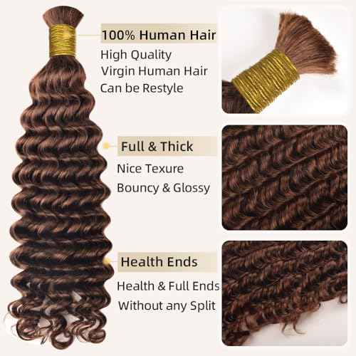 Medium Brown Braiding Hair Bulk Hair 100% Human Hair #4 Deep Wave Human Hair For Boho Braids 100g Bohemian Knotless Braid In Hair Extensions No Weft 20 Inch