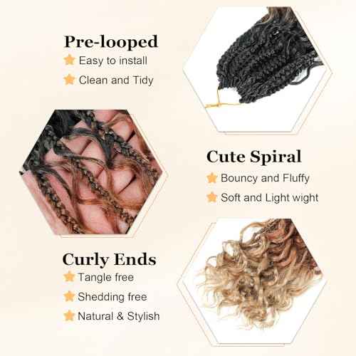 Goddess BoxBraids Crochet Hair 10'' Boho Crochet BoxBraids With Curly Ends,9 Packs Bohomian BoxBraids Crochet Hair For Black Women Pre Looped BoxBraids Crochet Hair (10'',1B/30/27)