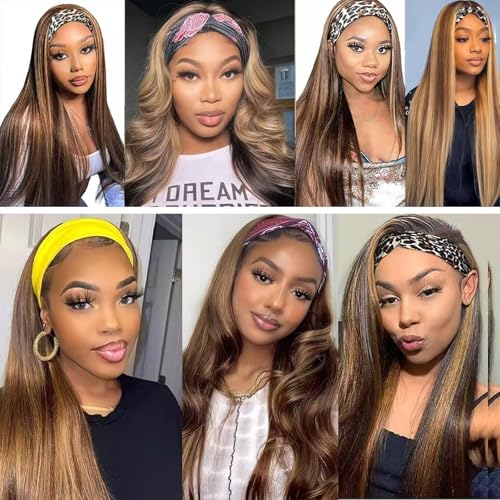 Ombre Headband Wig Human Hair Straight 22 Inch Glueless #2/30 Highlight Colored 150% Density Brazilian Virgin Straight Human Hair Headband Wigs for Black Women