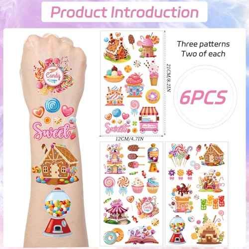 Candyland Temporary Tattoos Kids - Candyland Party Decorations Sweet Candy Themed Temporary Tattoo Girls Boys Candyland Christmas Birthday Party Decorations Favors Gift Bag Fillers Prizes