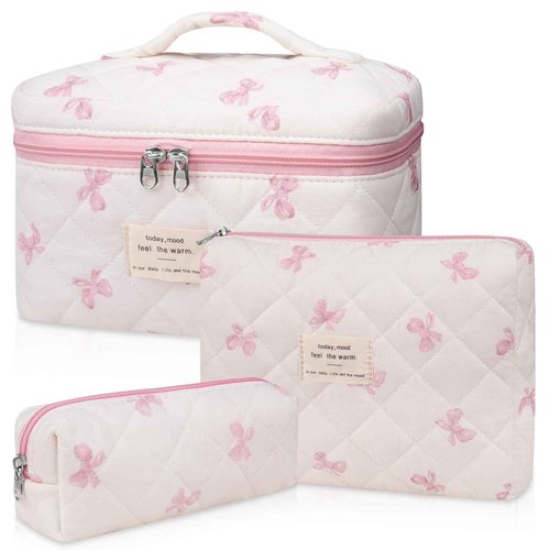 3PC Makeup Bag Set, Quilted Makeup Bag Set, Large Floral Cosmetic Bag for Women, Cute Cotton Makeup Bags, Flower Travel Toiletry Organizer Bag (White Pink Bow Tie)