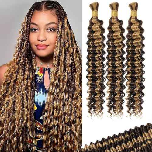 100g 3 Bundles/Pack Ombre Highlight Human Braiding Hair for Boho Braids 20 Inch Curly Boho Hair for Braiding Knotless 12A Deep Wave Bulk Bohemian Color P4/27