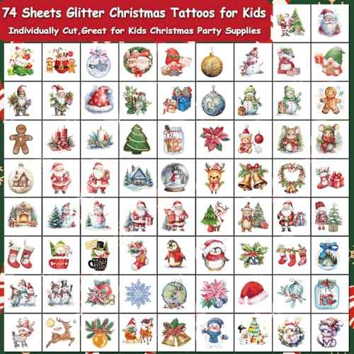 Glitter Christmas Temporary Tattoos for Kids - 74 Individually Sheets for Xmas Party Favors, Stocking Stuffer, Christmas Eve Gift