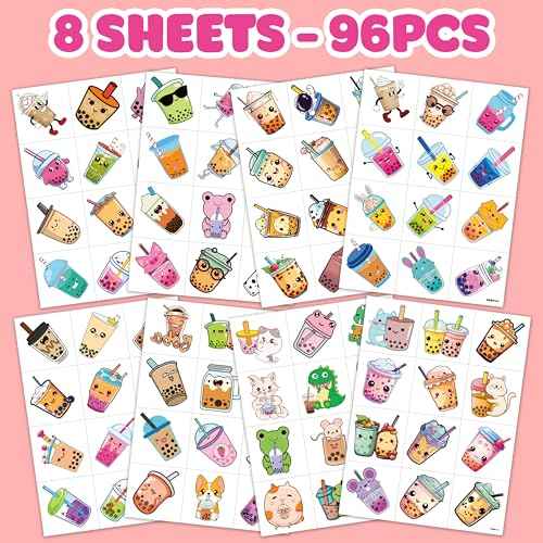 96 PCS Funny Bubble Boba Milk Tea Pre-cut Temporary Tattoos Sticker Theme Birthday Party Decorations Supplies Decor Favors Gifts Boys Girls Adults Cute Tattoo School Reward Prizes Christmas Carnival