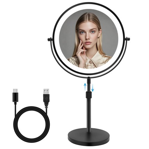 MEKOTRIN 8.7" Large Lighted Makeup Mirror, 1X/10X Magnifying Mirror with 3 Color Dimmable Lights, Double Sided Vanity Mirror, Height Adjustable, 360° Swivel Cosmetic Mirror for Women Girl(Black)