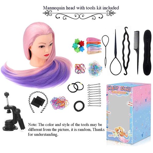 TopDirect 29" Mannequin Head with Hair,Doll Head for Cosmetology Hair Styling Training Head,Manikin Braiding Head With Clamp Holder and Styling Tools (Pink Purple)
