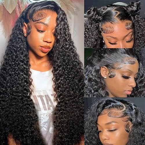 13x6 Full Lace Front Wigs Human Hair pre plucked Deep Wave Lace Front Wigs Human Hair 180% Density Curly Wig Glueless Water Curly Lace Frontal Wigs for Women 24Inch