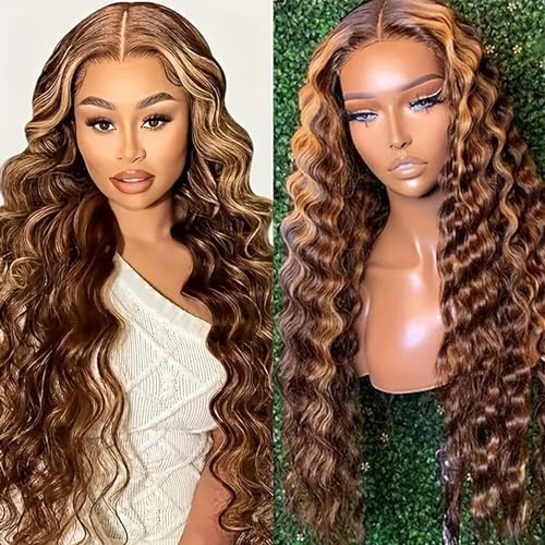 DULOVE Highlight Ombre Deep Wave Lace Front Wigs Human Hair Pre Plucked with Baby Hair Glueless 13x4 Hd Transparent Lace Front Wigs Human Hair 4/27 Honey Blonde Lace Frontal Wig 200 Density 22inch
