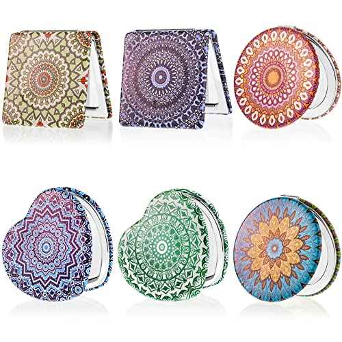 Mandala Design Pocket Mirror Mini Travel Makeup Purse Compact Accessories Beauty Magnifying Double Sides Pocket Mirror Portable Handheld Folding PU Leather Supply for Women(6 Pieces)