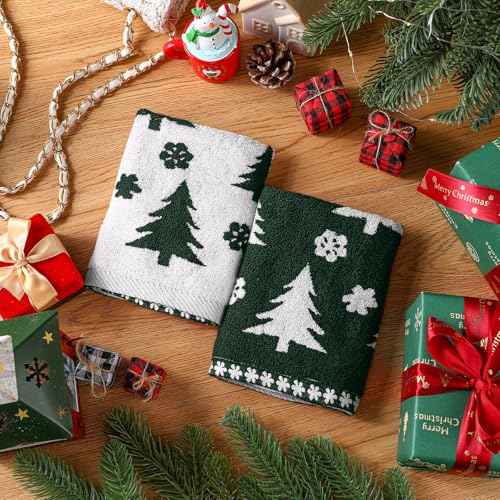 6 Pcs Christmas Washcloths Cotton Wash Cloths 13" X 13" Winter Xmas Kitchen Small Face Towels Absorbent Soft Bath Towels for Christmas Holiday Party Decor(Green,Xmas Tree)
