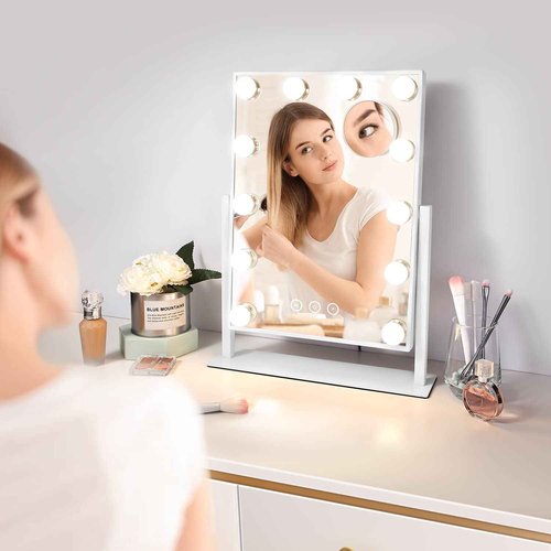 NUSVAN Vanity Makeup Mirror with Lights,3 Color Lighting Modes Detachable 10X Magnification Mirror Touch Control,360°Rotation, White (14.6Inch)