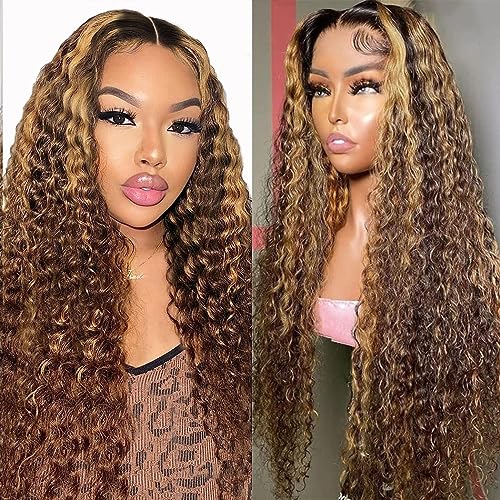 4/27 Highlight Ombre Lace Front Wigs Human Hair Pre Plucked 13x4 HD Honey Blonde Lace Front Wig Human Hair Wigs for Black Women 150% Density Deep Wave Glueless Wigs Human Hair 30 Inch