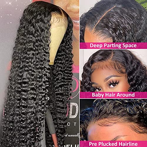 FIRIEYA Deep Wave Lace Front Wigs Human Hair Wigs for Black Women 180% Density 4X4 HD Transparent Lace Closure Human Hair Wigs for Black Women Glueless Natural Color(22 Inch)