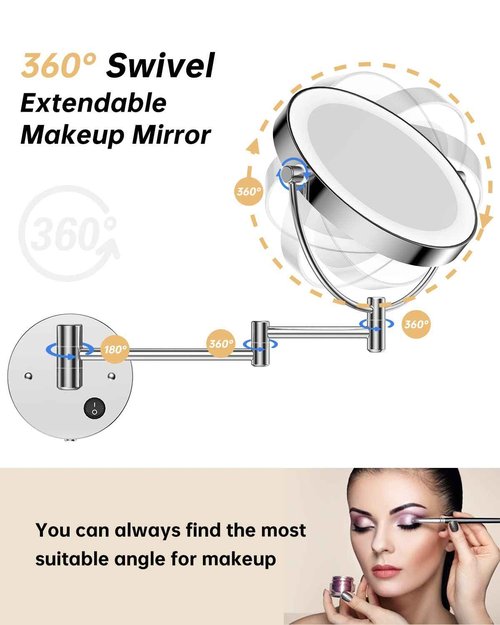 Gospire 8.5" Wall Mounted Lighted Magnifying Mirror, 1X/10X Double-Sided Magnification Round LED Cosmetic Vanity Bathroom Mirror Extendable Arm 360° Swivel for Shaving Makeup