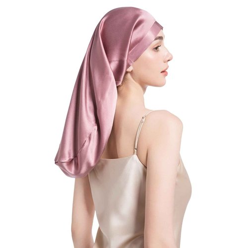 FATEGEART 19 Momme 100% Mulberry Silk Cap for Sleeping Women,Adjustable Long Silk Bonnet for Curly Hair Elastic Night Cap (US, Alpha, One Size, MauvePink)