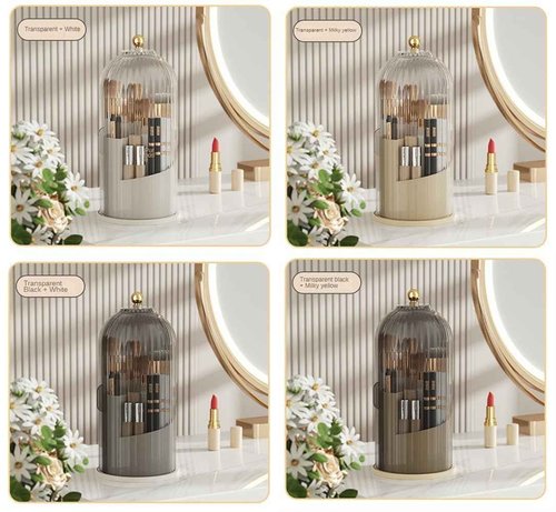 Rotating Makeup Brush Holder with Clear Lid – 360° Makeup Brush Organizer for All Brush Sizes, Durable Dustproof Storage Stand with Large Capacity, Easy to Clean, No Assembly (White/Transparent)