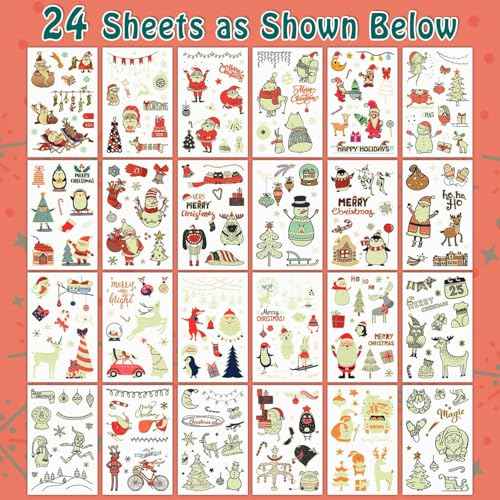 Partywind 235 Styles Glow Christmas Tattoos for Kids Stocking Stuffers, Luminous Christmas Party Decorations Supplies Favors, Holiday Party Games Toys, Santa Snowflake Decor (24 Sheets)