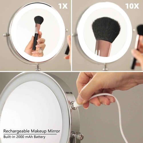 HIEEY Lighted Makeup Mirror with Magnification, 1x/10x Rechargeable 8" Lighted Mirror, 360° Rotation Touch Screen Vanity Mirror, Three Color Lighting Modes, Height Adjustable (Gift Box)