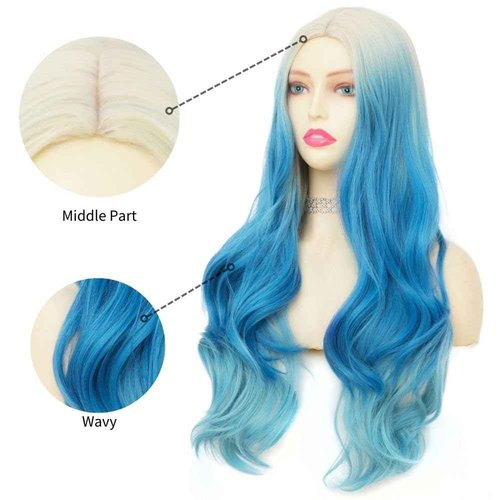 Dai Cloud Blonde Blue Long Curly Wigs for Women 26 Inch Wavy Synthetic Middle Part Colourful Hair Wigs for Halloween Cosplay Use