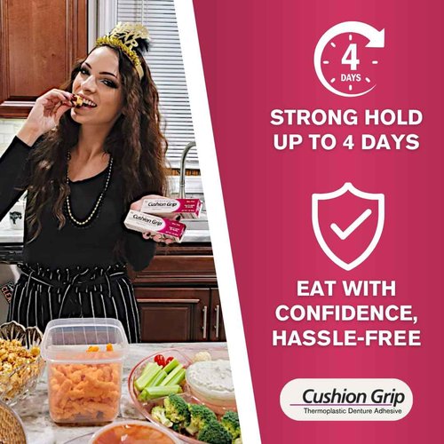 Cushion Grip Thermoplastic Denture Adhesive 1oz (6 Pack)–Extra Strong Hold Up to 4 Days, Unmatched Strength, Waterproof & Zinc Free, Relieves Sore Gums, Comfortable Refit, Long Lasting Denture Refit