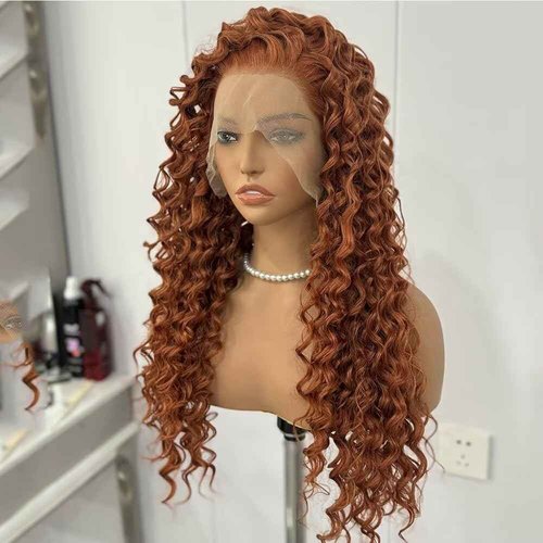 Ginger Long Curly Lace Wig Glueless Synthetic Lace Front Wigs For Women Heat Resistant Cosplay Orange 24Inch Long Deep Curl Wig Princess Merida Cosplay