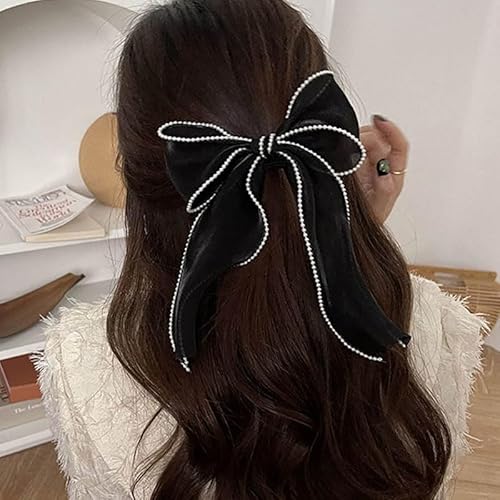 Black Hair Bow for Women Girls Long Ribbon Bowknot Spring Hair Clips for Thick Curly Hair French Big Organza Bow Ponytail Holder Nonslip Pearl Hair Barrette Snap Hairpins Sweet Hair Accessories