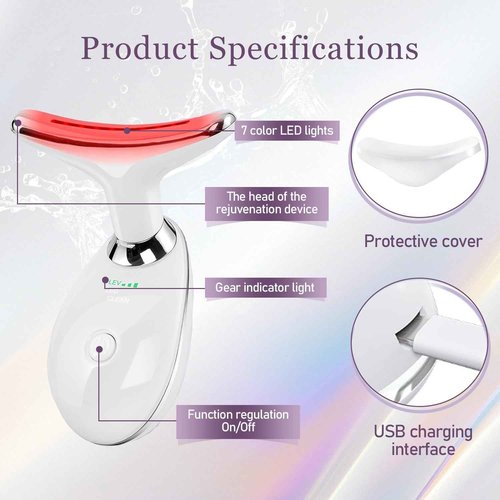 7 Color Facial and Neck Massager, Multifunctional Facial Skin Care Tool, Face Neck Massager for Daily Skin Care Routine, Facial Massager Tool (White)