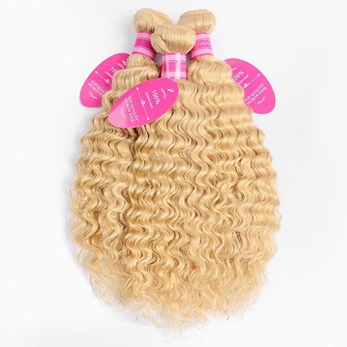 613 Blonde Deep Wave Human Hair Extensions 10-14 Inch Double Weft Wig, 12A Grade, 3 Bundles, Tangle Free, Curly, 90% Density