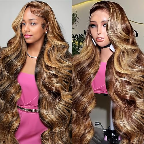 Ombre Honey Blonde Lace Front Wig Human Hair 13x6 Highlight Body Wave Lace Front Wig Glueless Pre Plucked With Baby Hair P4/27 HD Lace Frontal Wigs 200% Density Colored Wigs 22 Inch
