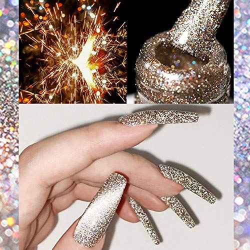 MIZHSE Reflective Gel Nail Polish, Glitter Gold Gel Polish, Sparkly Shiny Nail Effect Soak Off Nail Art Varnish for Beginners DIY at Home