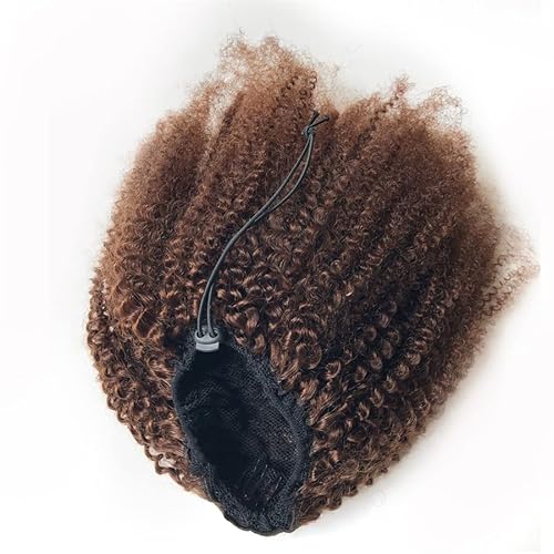 Afro Puffy Human Hair Ponytail Extensions Drawstring 100% Real Remy Hair Afro Kinkys Curly Bun Extension With Two Combs #4 Medium Brown 10 Inches