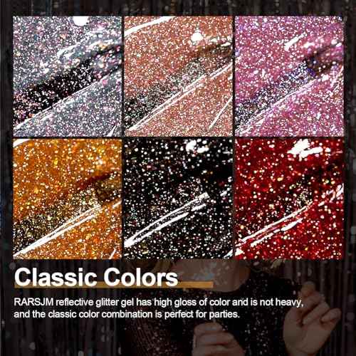 RARJSM Reflective Glitter Gel Nail Polish Set 6 Colors Sparkle Sliver Champagne Gold Pink Orange Black Red Rainbow Sequins Gel Nail Polish Soak Off U V Diamond Gelpolish DIY Salon Manicure at Home