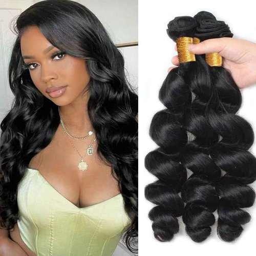 Ladiaryf Loose Wave Bundles Human Hair Short Brazilian Virgin Human Hair Loose Wave Natural Black Color Can Be Dyed and Styled 3 Weave Bundles Total 300g 12 14 16 Inch