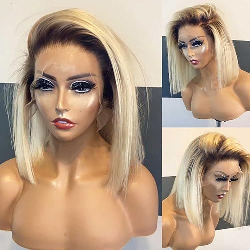 Ombre Blonde Lace Front Wigs Human Hair,13X4 HD Bob Lace Front Wigs 12" 150% Density Ombre 1B/613 2 Tone Straight Human Hair Pre Plucked with Bleached Knots lUnprocessed Virgin Hair for Women