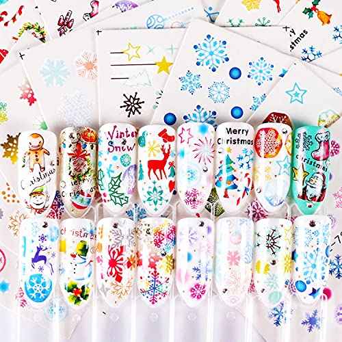 30 Sheets Christmas Nail Art Decals Snowflake Elk Snowman Nail Stickers Holographic Water Transfer Sticker Design for Women Girls Manicure Tips Charms Christmas Decoration Snow Nail Decal Supplies