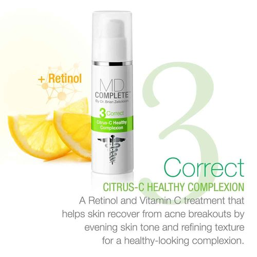 MD Complete 3-Step Professional Acne Clearing System: Salicylic Acid Cleanser, Benzoyl Peroxide Spot Treatment and Retinol Vitamin-C Complexion Correcting Serum