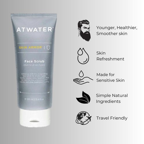 ATWATER Skin Armor Exfoliating Face Scrub,Men’s Facial Cleanser - Smoothes and Cleans Skin to remove Dead Skin - Travel Size Mens Face Exfoliator Leaving you Fresh and Vibrant - 3.4 oz (2 pack)