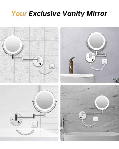 Gospire 8.5" Wall Mounted Lighted Magnifying Mirror, 1X/10X Double-Sided Magnification Round LED Cosmetic Vanity Bathroom Mirror Extendable Arm 360° Swivel for Shaving Makeup