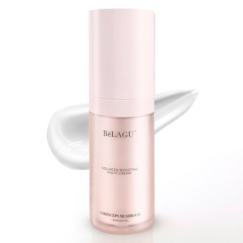 BeLagu Collagen Boosting Night Cream with Bakuchiol & Adaptogenic Mushrooms - Natural Retinol Alternative Moisturizer for Firming, Smoothing & Stress Defense - Vegan Skincare Face Cream (1 fl oz)