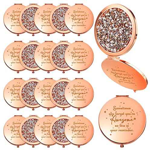 Roowest 20 Pcs Inspirational Compact Mirror You're Awesome Reminder Appreciation Gifts for Women Employee Coworker Friends Sisterhood Bulk Christmas Party Favors Magnifying Pocket Mirror (Rose Gold)