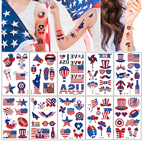 Temporary Tattoos, 90Pcs Independence Day Tattoos (10 Sheets) American Flag Red White & Blue Design USA Body Art Patriotic Stickers for Labor Day Memorial Day Decoration Party Supplies Flags