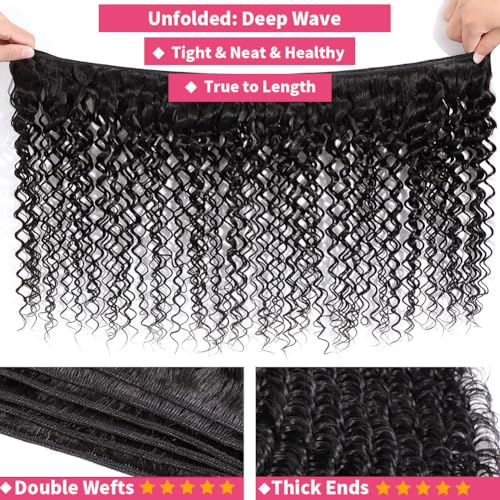 12A Deep Wave Bundles Human Hair 16 18 20 Inches 100% Unprocessed Indian Human Hair Bundles Wet and Wavy Raw Virgin Hair Curly Weave 3 Bundle Deal (Natural Color, 16 18 20 Inches)