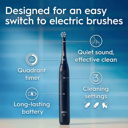 Oral-B iO Series 2 Rechargeable Electric Powered Toothbrush, Night Black with 1 Gentle Care Brush Head - Automatic Pressure Sensor to Protect Gums - 3 Modes - 2 Min Timer