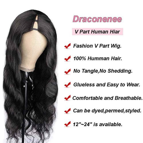 draconenee V Part Wig Human Hair 14 inch Upgrade U Part Wigs Body Wave for Black Women Beginner Friendly No Sew In and No Leave Out Glueless Brazilian Virgin Hair Natural Black Color 180% Density