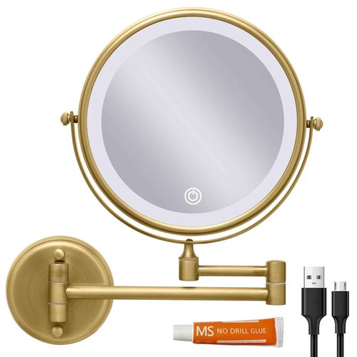 LEDOOLE Wall Mounted Lighted 8 Inches Rechargeable Double-Sided 1X/10X Magnifying Mirror for Makeup, 3 Colors Led, Touch Dimmable, Memory Function, 360 Rotation, Foldable, Brushed Antique Brass