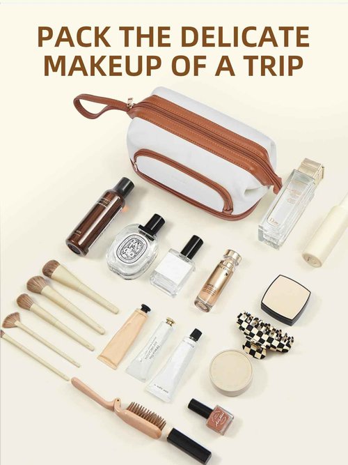 Telena Makeup Bag Large Capacity Travel Cosmetic Bags Double Layer Portable Leather Make Up Bag for Women Beige with Brown